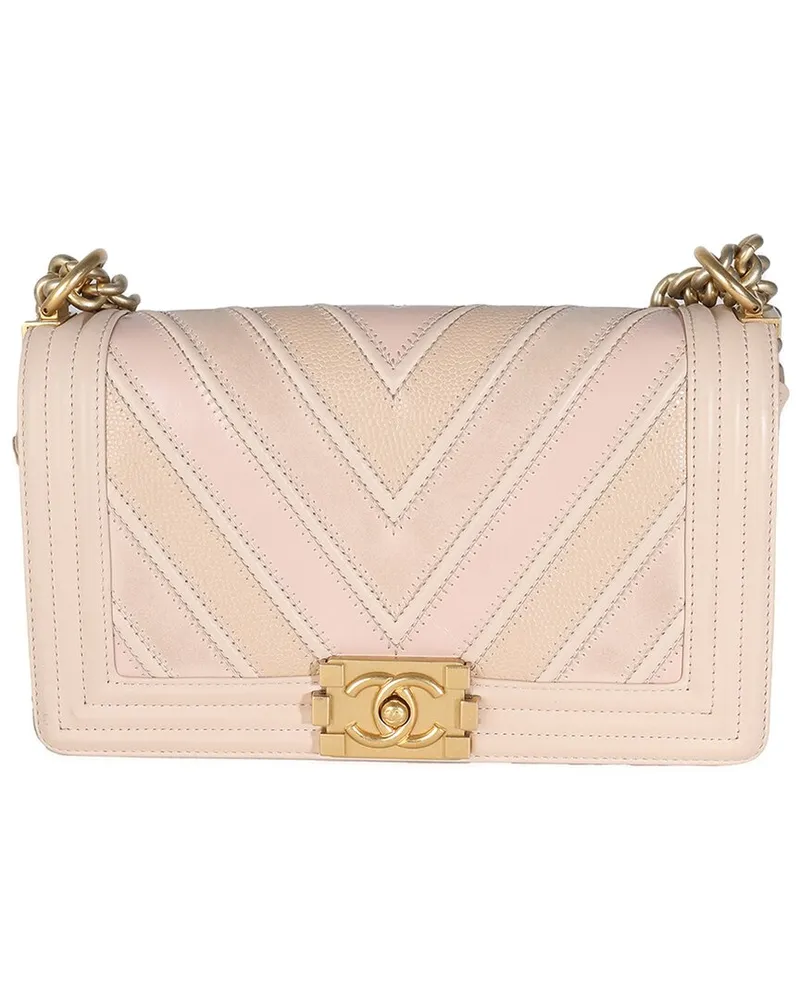 Chanel Beige & Pink Caviar, Suede & Calfskin Boy Medium Shoulder Bag  (Authentic Pre-Loved Nocolor