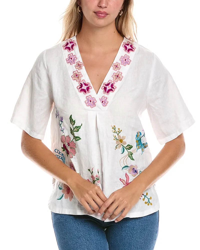 Johnny Was V-Neck Linen Blouse White