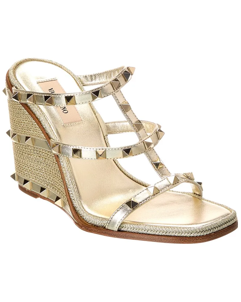Valentino Garavani Rockstud Caged 100 Leather Wedge Sandal Gold
