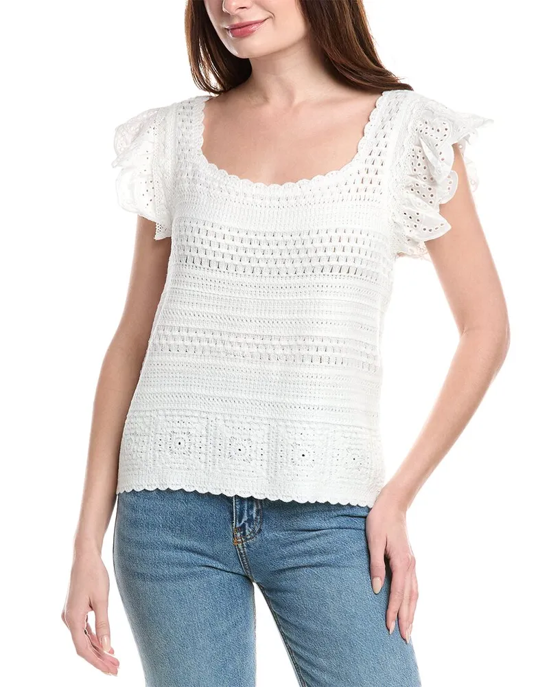 Nicole Miller Woven Crochet Sweater White