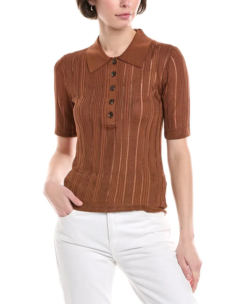 Frame Denim Laddered Rib Polo Top Brown