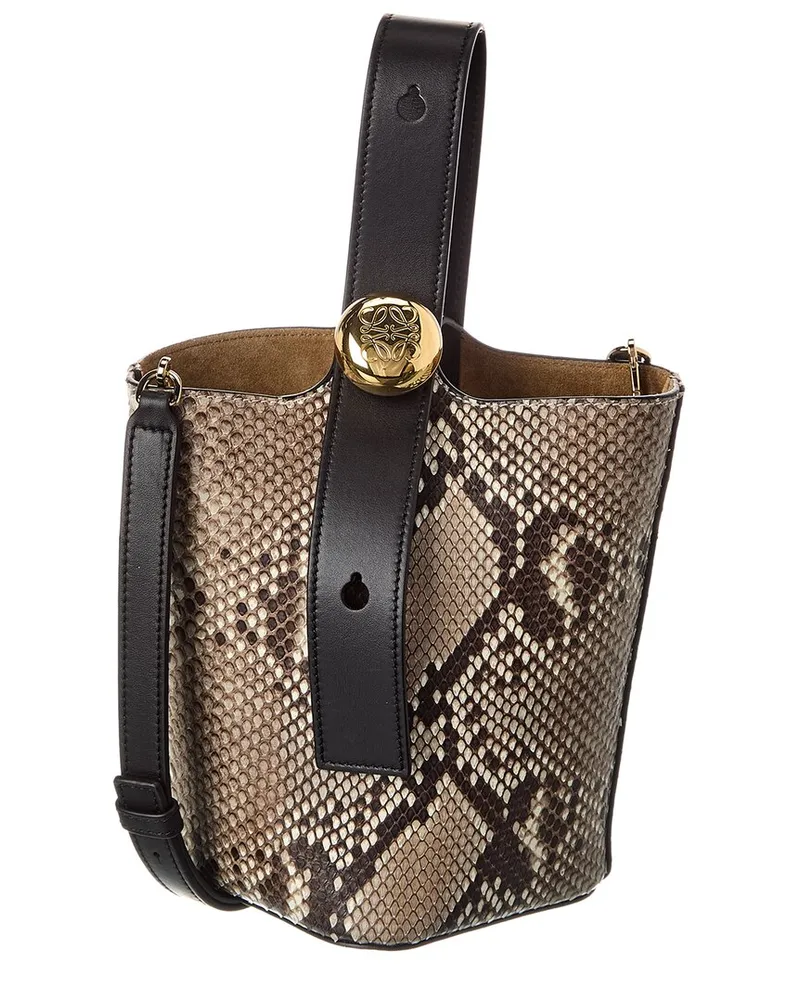 Loewe Pebble Mini Snake-Embossed Leather Bucket Bag Black