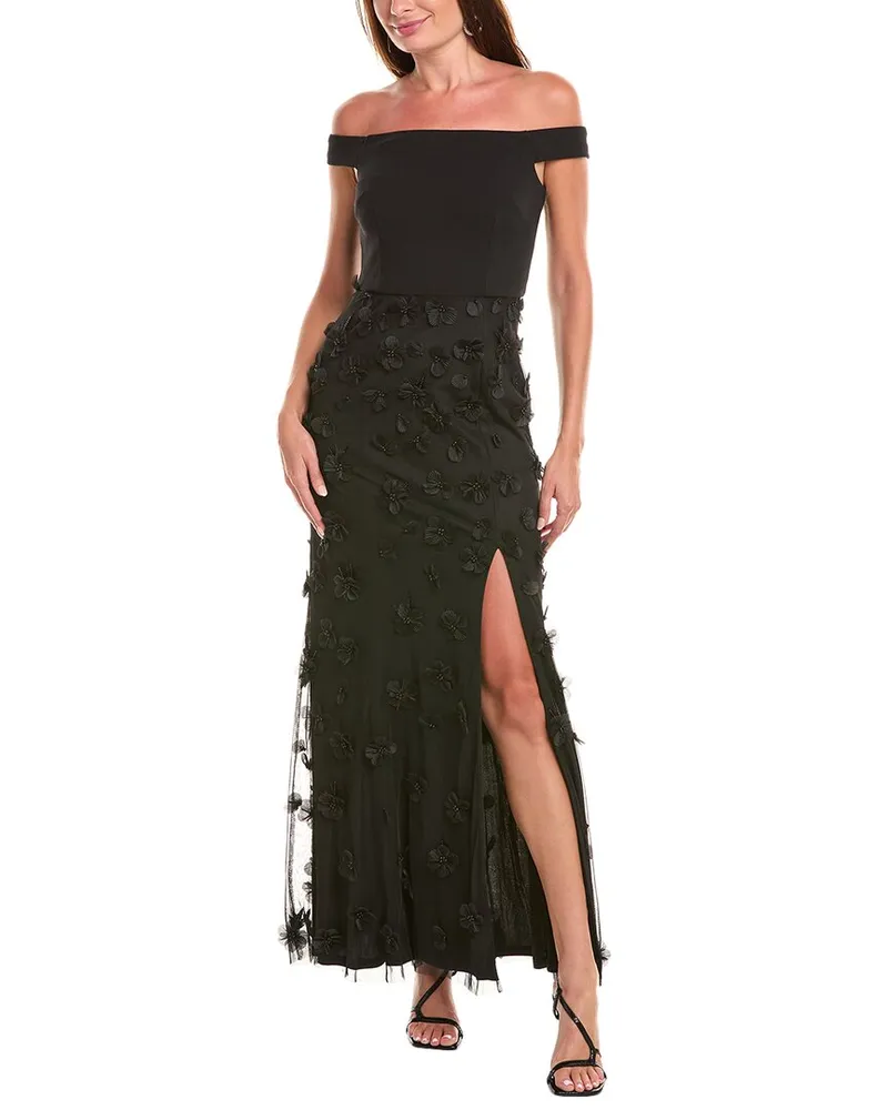 Aidan Mattox Floral Applique Maxi Dress Black