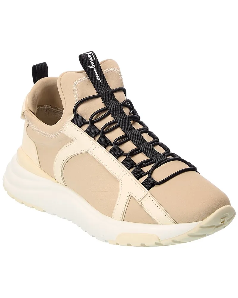 Ferragamo Gancini Leather-Trim Sneaker Beige