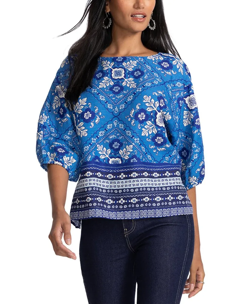 Johnny Was Boatneck Linen Blouse Blue