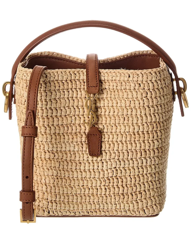 Saint Laurent LE 37 Mini Raffia & Leather Bucket Bag Brown