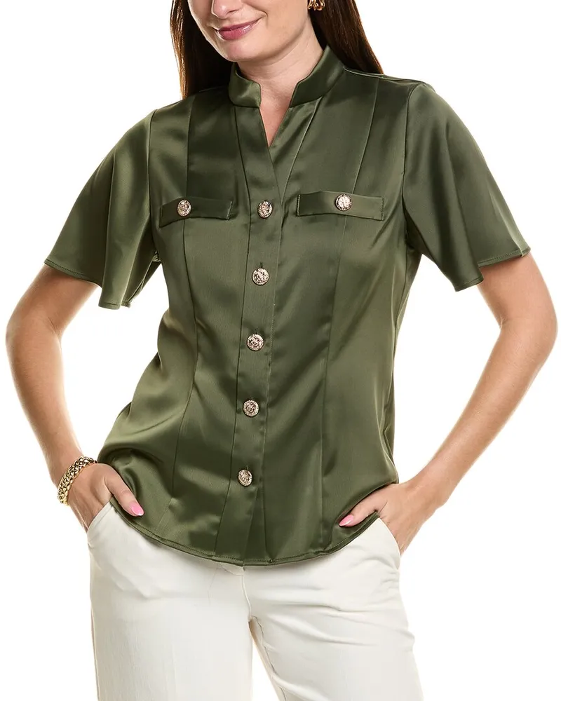 Anne Klein Satin Flutter Sleeve Blouse Green