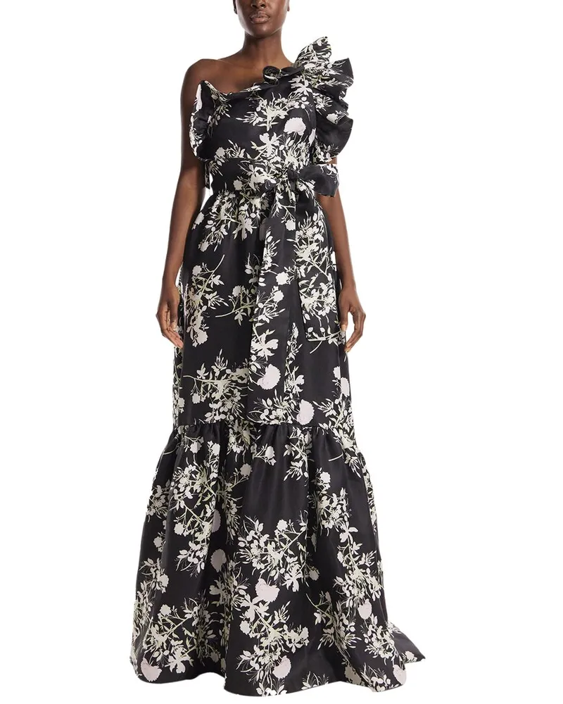 Monique Lhuillier One Shoulder Ruffle Silk Gown Nocolor