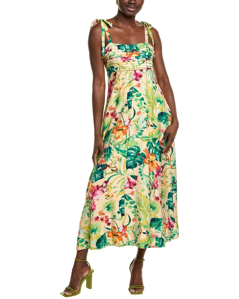 taylor Pleated Bodice Linen-Blend Midi Dress Beige