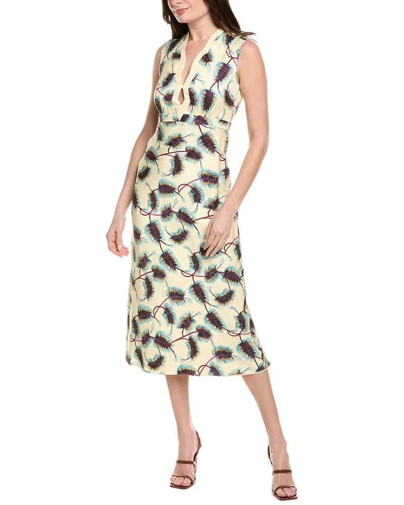 Saloni Dotty Stamped Satin Silk Midi Dress Black