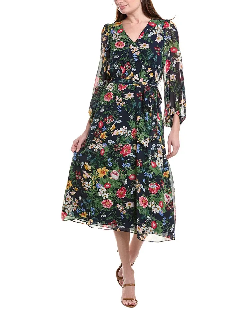 Anne Klein Printed V-Neck Midi Dress Blue