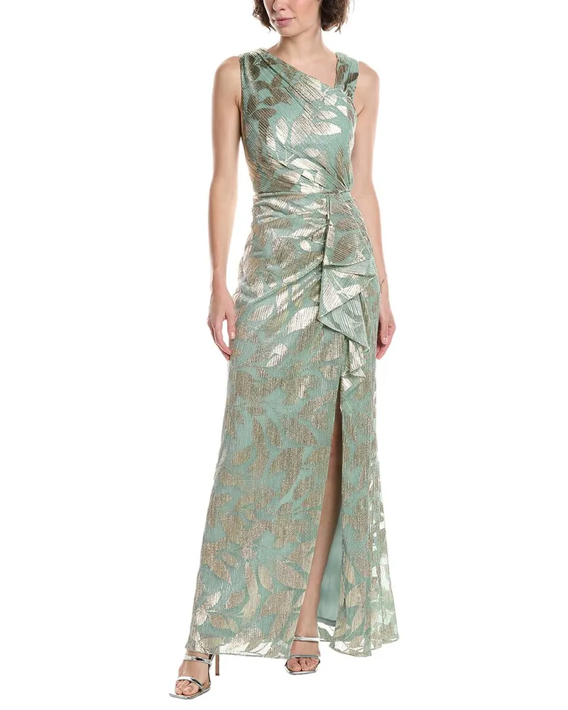Adrianna Papell Foil Asymmetric Gown Green
