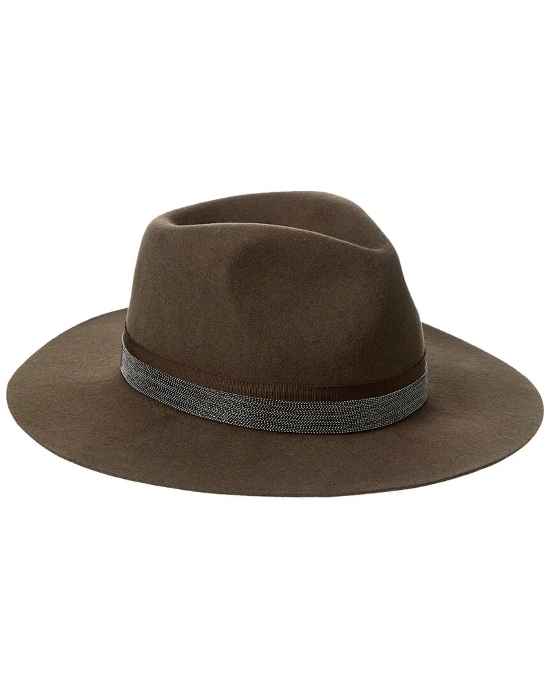 Bruno Magli Micro Ball Chain Leather-Trim Wool Felt Fedora Brown