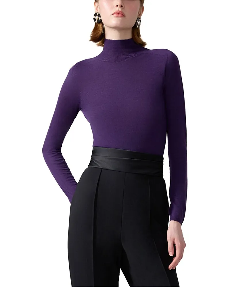 Carolina Herrera New York Sheer Knit Turtleneck Wool Top Purple