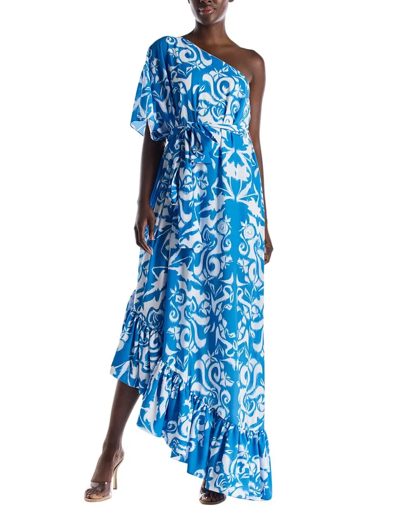 Monique Lhuillier One-Shoulder Printed Caftan Gown Nocolor