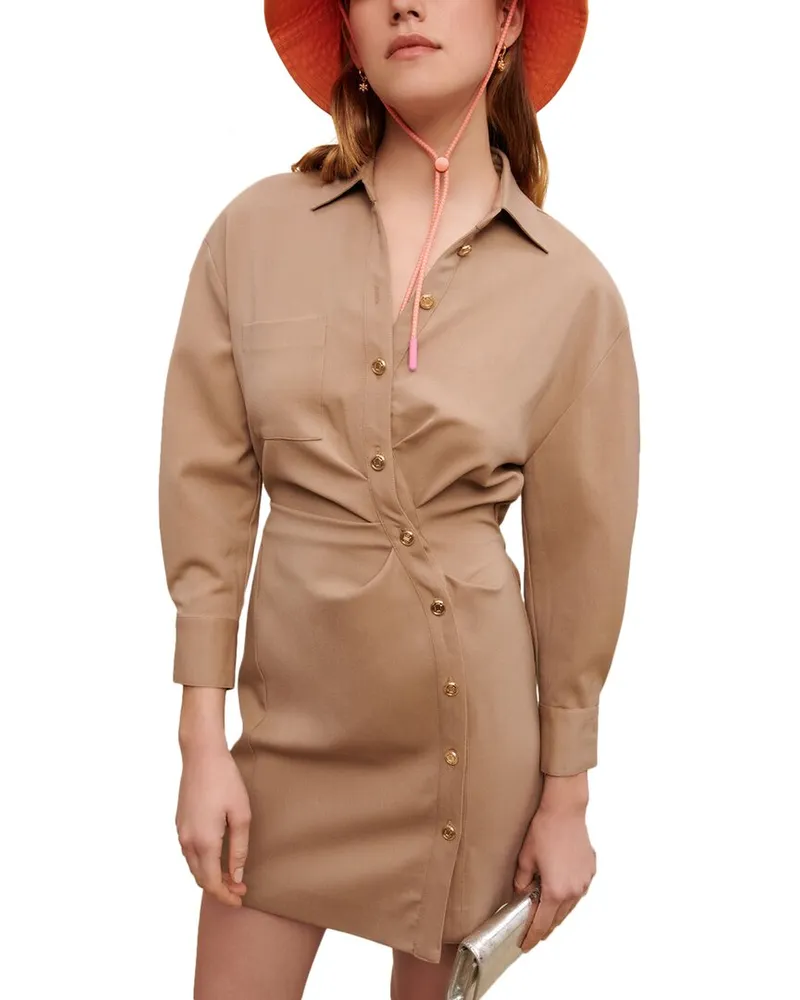 Maje Ribeige Wool-Blend Mini Dress Beige