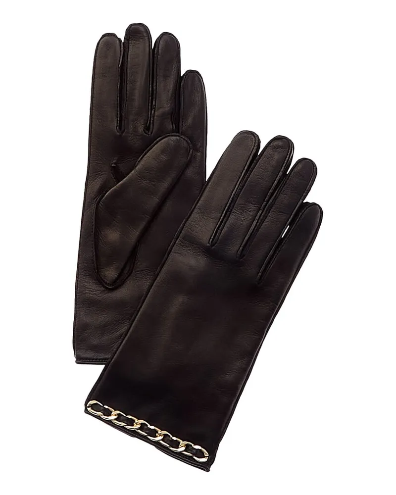 portolano  Chain Detail Silk-Lined Leather Gloves Black