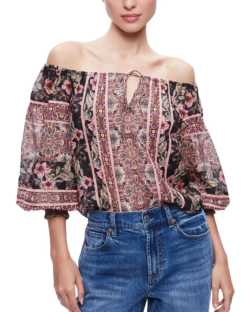 Alice + Olivia Alta Off-The-Shoulder Silk-Blend Top Nocolor