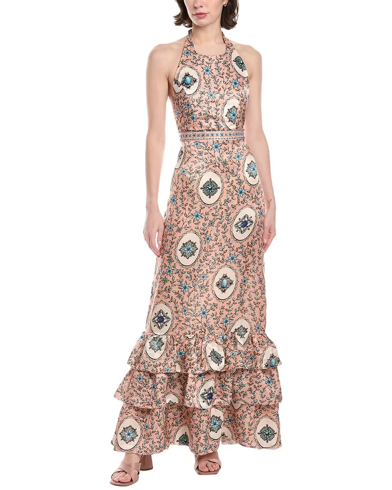 AGUA BENDITA Cofre Linen & Silk-Blend Maxi Dress Pink