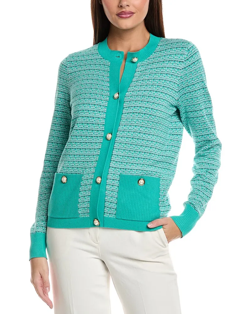 ST. JOHN Jacquard Knit Cardigan Green