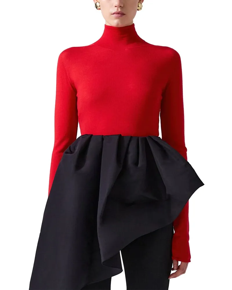 Carolina Herrera New York Sheer Knit Turtleneck Wool Top Red