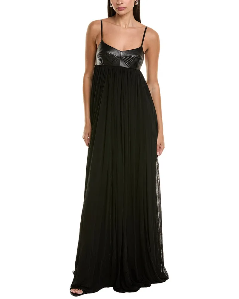 Michael Kors Trapunto Leather-Trim Silk-Blend Gown Black