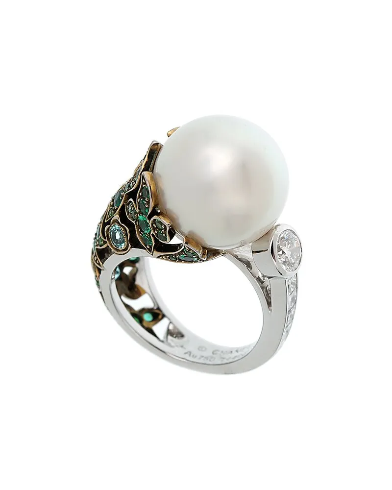 Chanel 18K 1.90 ct. tw. Diamond & Emerald & Paraiba Tourmalines Pearl Ring (Authentic Pre-Owned