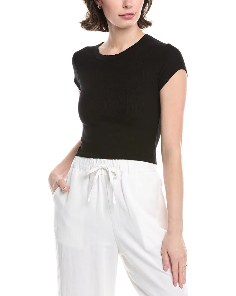 Enza Costa Knit Cropped Cap Sleeve Silk-Blend Top Black