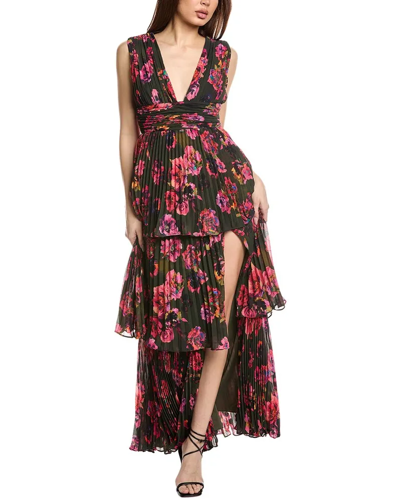AMUR Fluer Deep V Pleated Gown Black