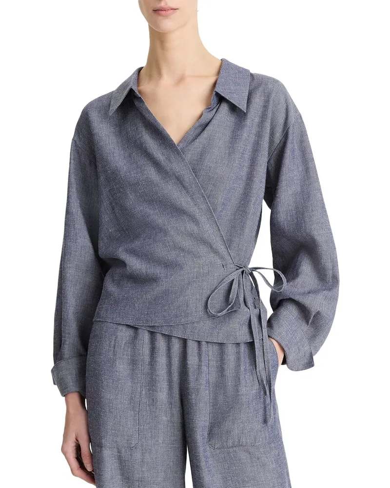 Vince Collared Linen-Blend Wrap Top Blue
