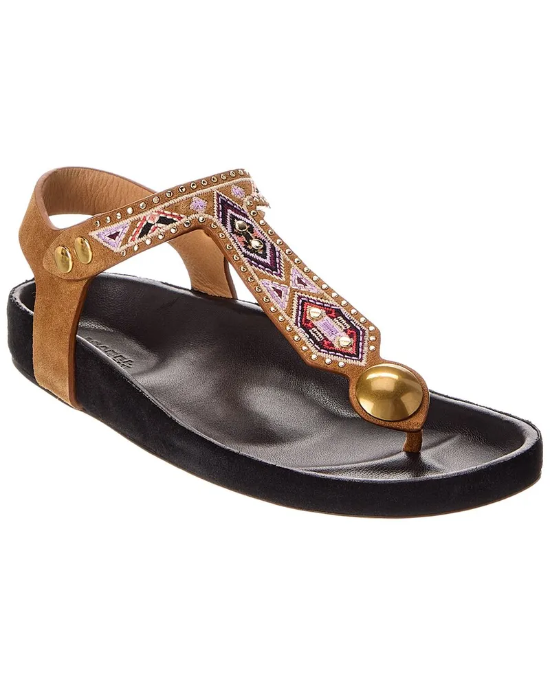 Isabel Marant Enore Embroidered Suede Sandal Brown
