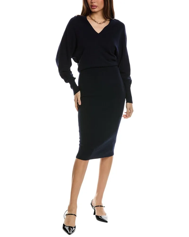 Reiss Sally Wool & Cashmere-Blend V Neck Knitted Midi Dress Navy