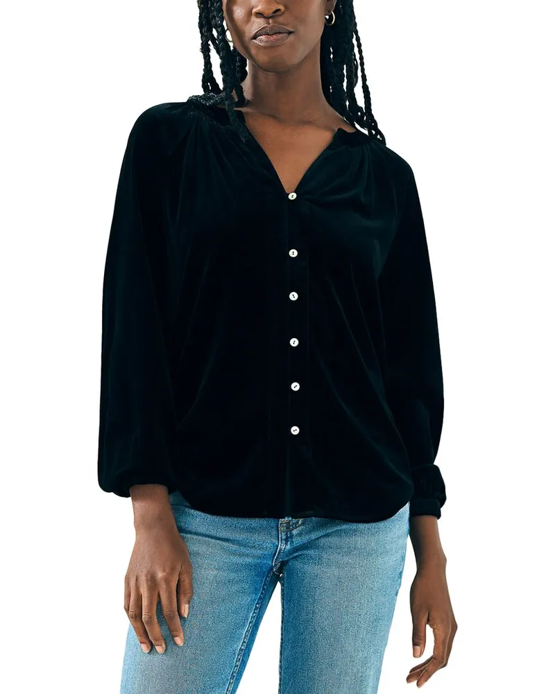 Faherty Stretch Silk-Blend Velvet Naomi Top Black