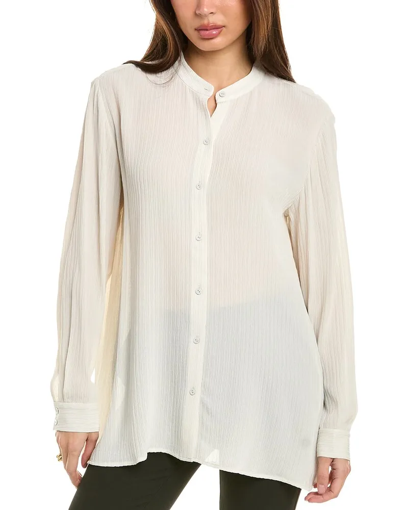 Eileen Fisher Mandarin Collar Silk Shirt White