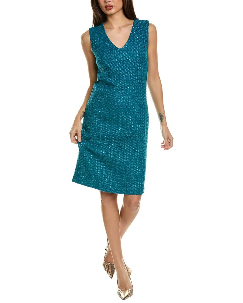 ST. JOHN Boucle Window Pane Wool-Blend Sheath Dress Blue