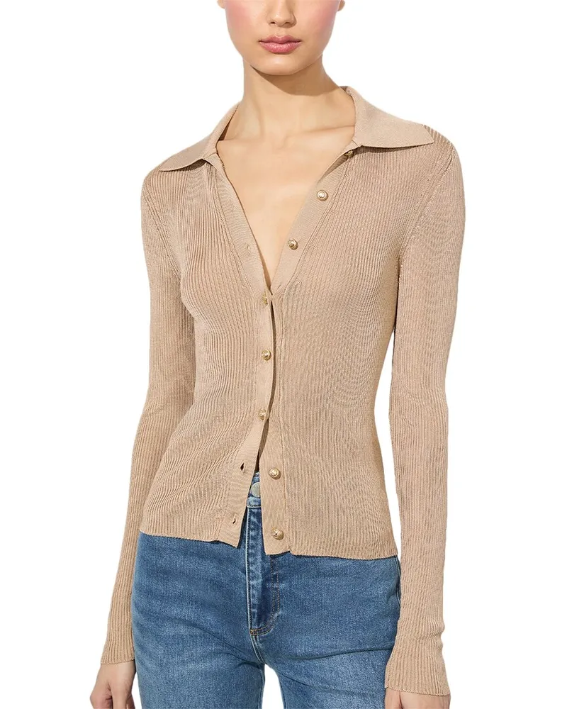 Alice + Olivia Nealie Ribbed Polo Sweater Beige
