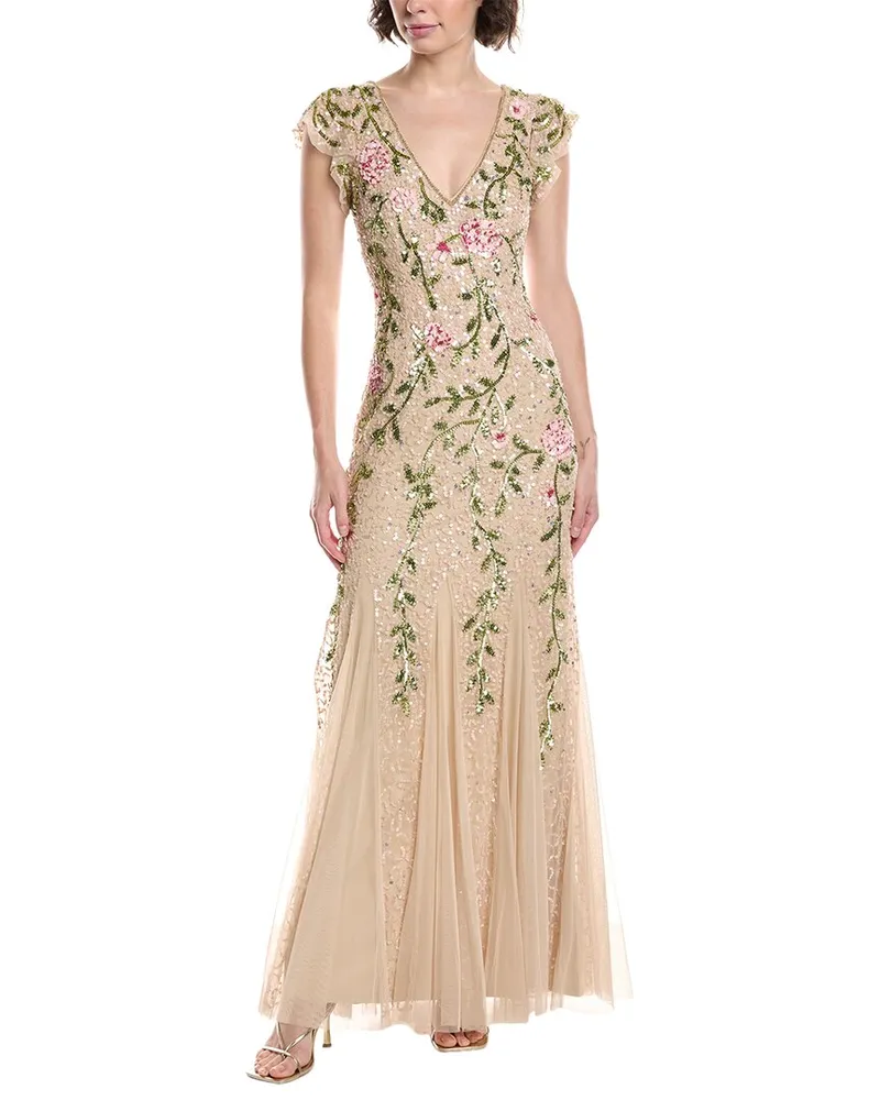 Adrianna Papell Beaded Mesh Gown Pink
