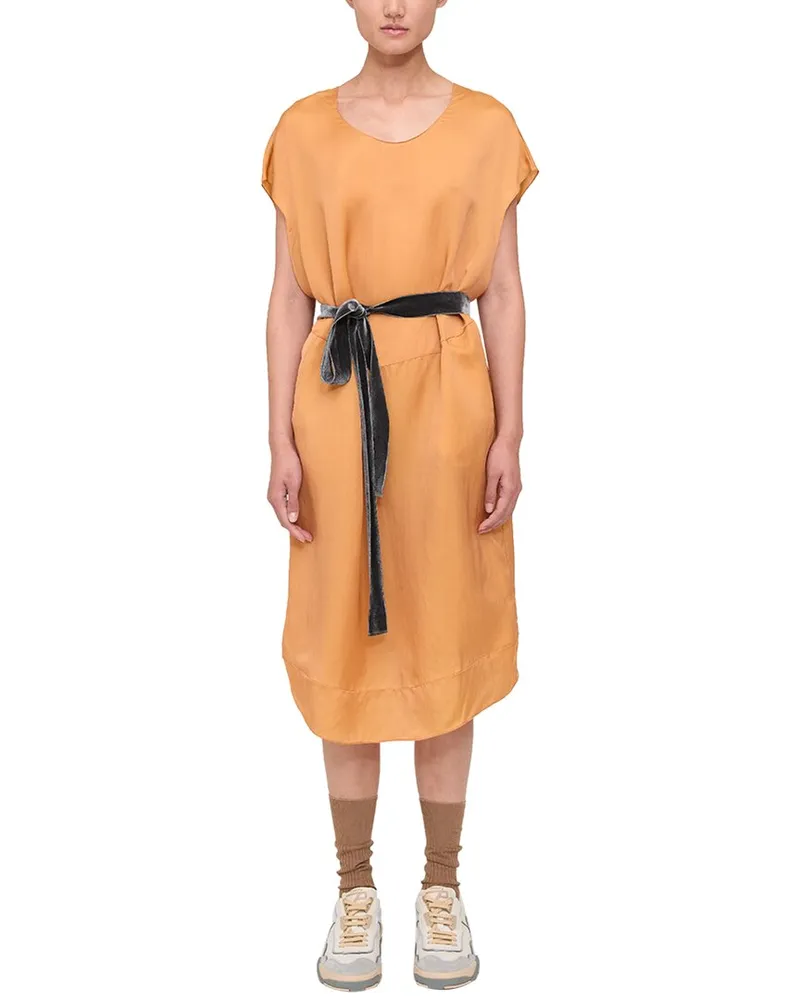 Theory Belted Silk-Blend Midi Dress Orange