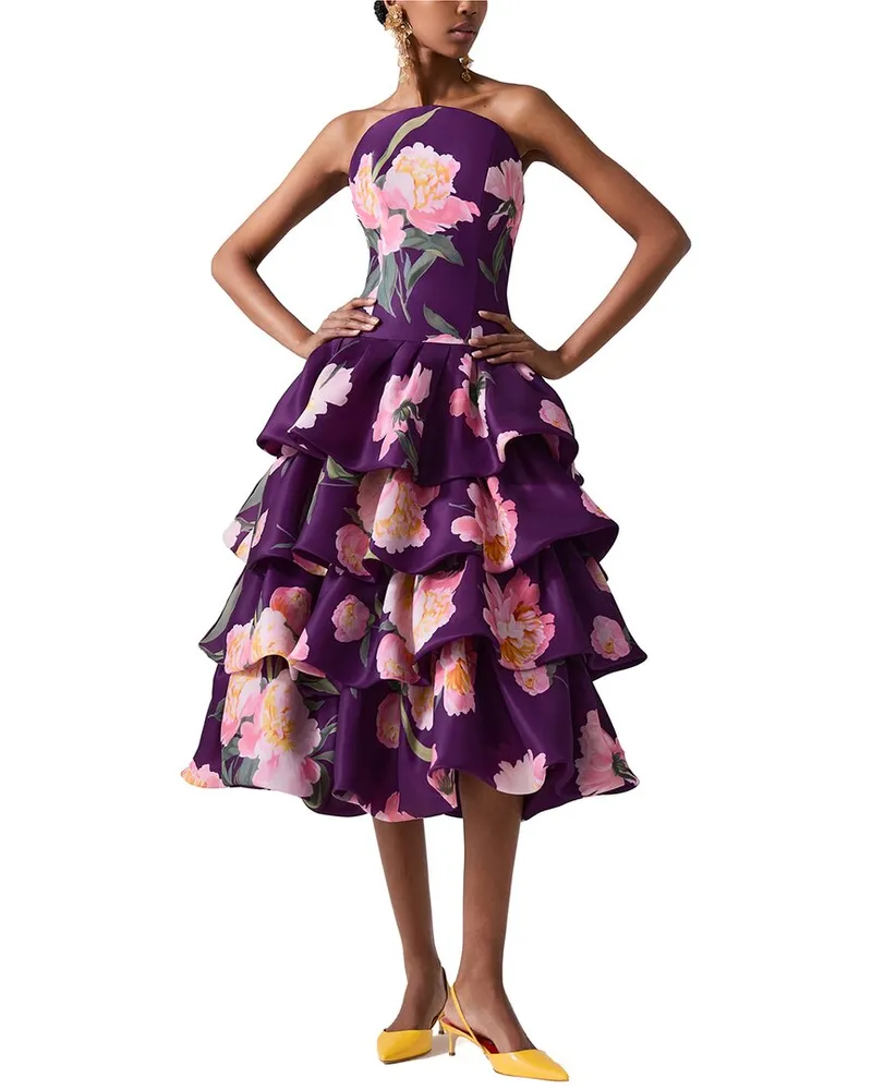 Carolina Herrera New York Strapless Curved Neckline Ruffled Silk Dress Purple