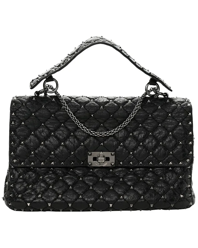 Valentino Garavani Black Nappa Leather Craquele Large Rockstud Spike Shoulder Bag  (Authentic Pre-Loved Nocolor