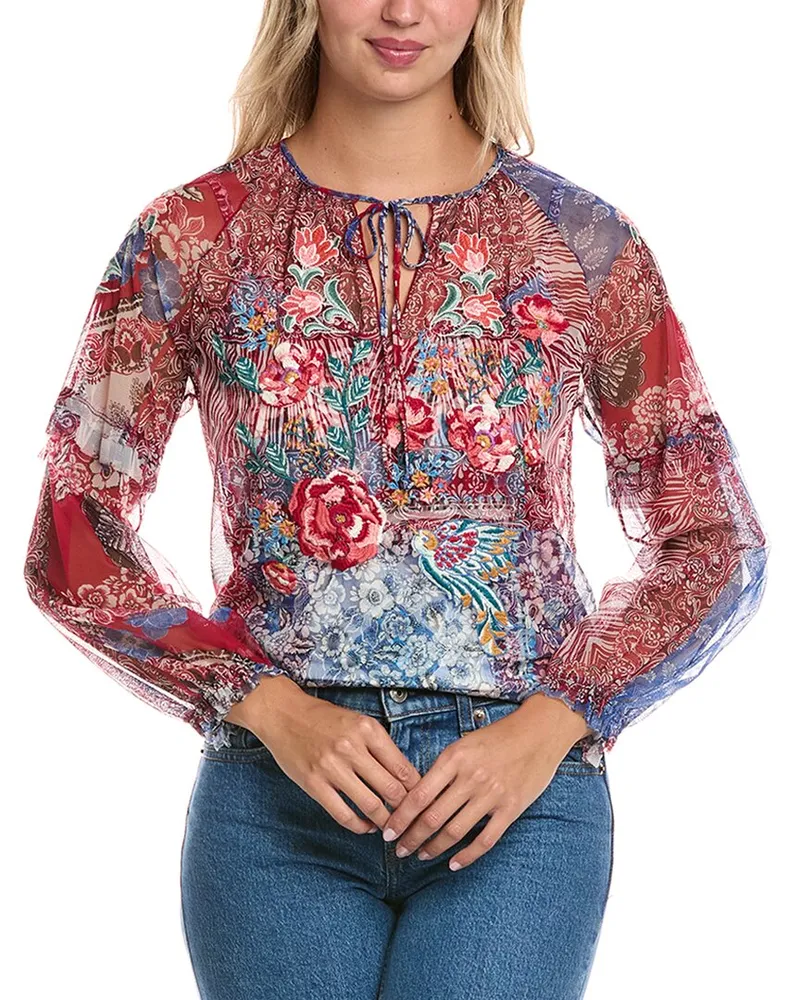 Johnny Was Mazzy Peasant Ruffle Blouse Red