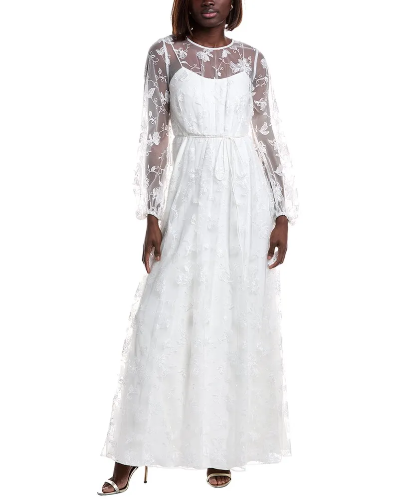 Monique Lhuillier Embroidered Tulle Lace Maxi Dress White