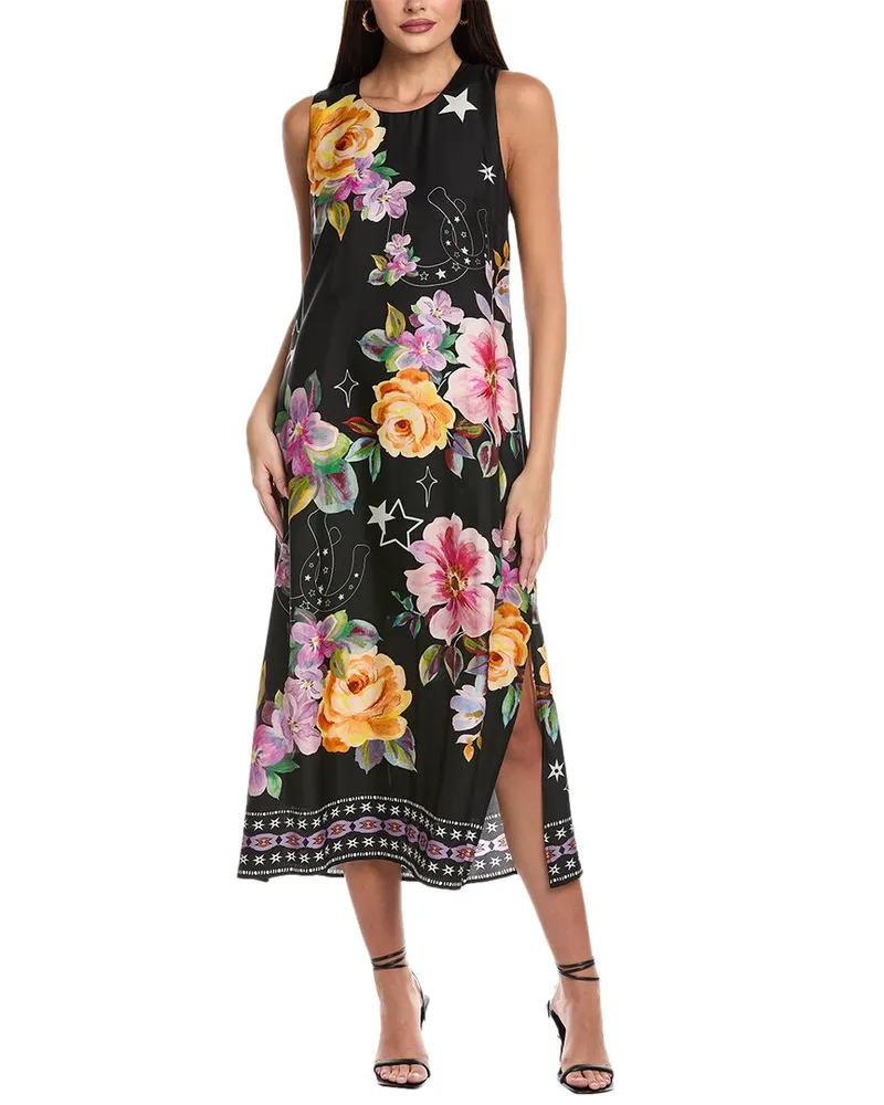 Johnny Was Karolina Silk-Blend Tea-Length Dress Black