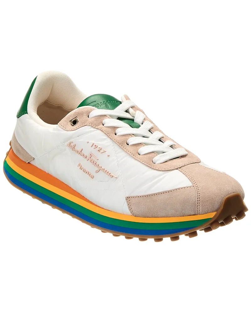Ferragamo Iggy Dolmias Saddle B Suede & Leather-Trim Sneaker White