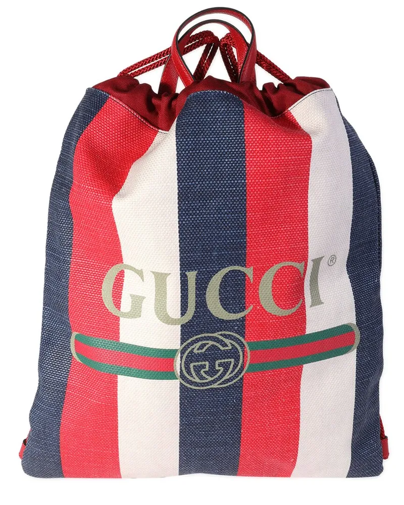 Gucci Blue, Green, Red, White Canvas Sylvie Drawstring Backpack Tote  (Authentic Pre-Loved Nocolor
