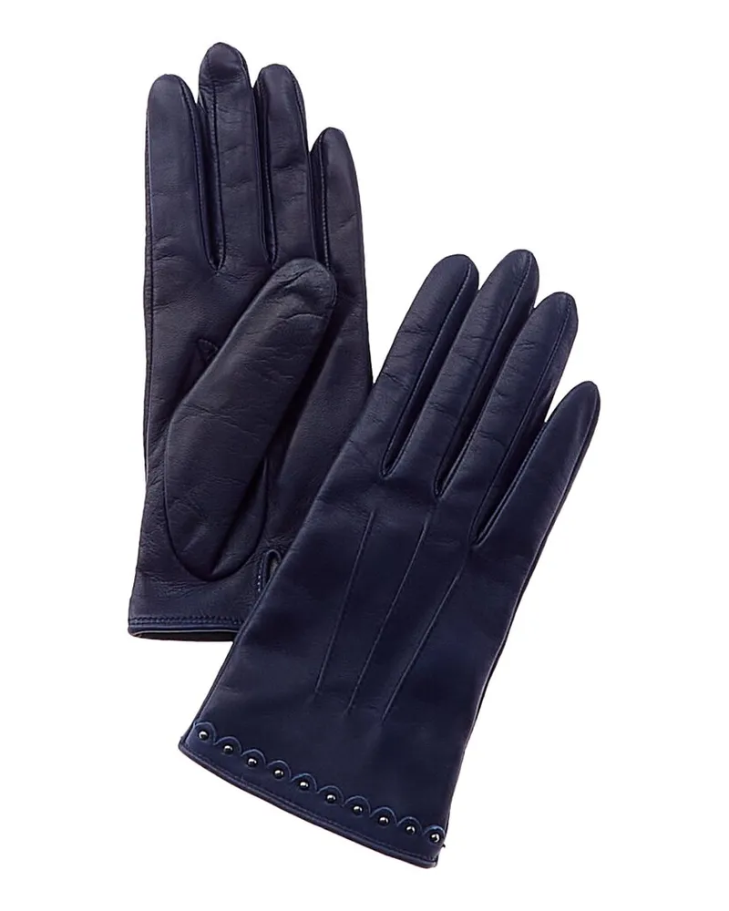 portolano  Studded Cuff Silk-Lined Leather Gloves Blue