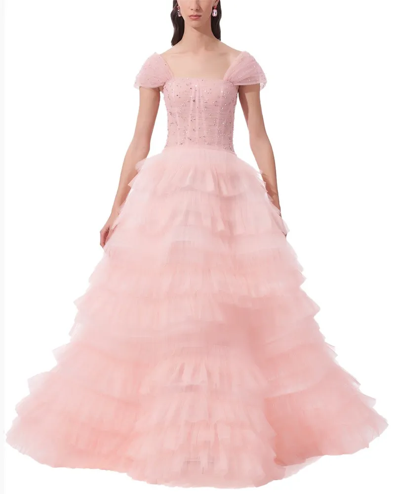 Carolina Herrera New York Off-Shoulder Pleated Tulle Ruffle Gown Pink