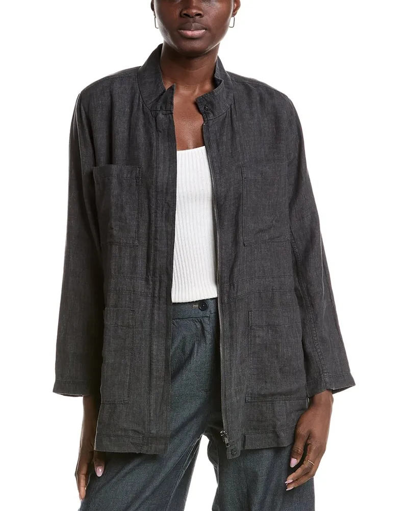 Eileen Fisher Stand Collar Linen Jacket Grey