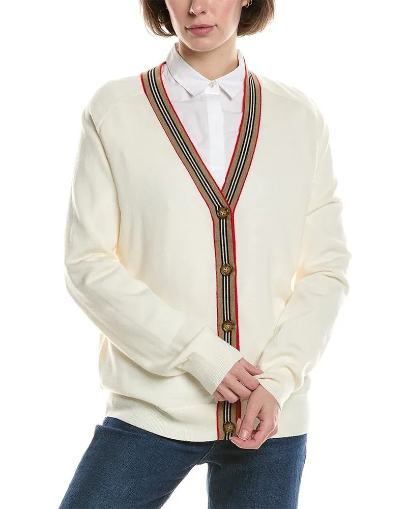 Burberry Icon Stripe Wool Cardigan White