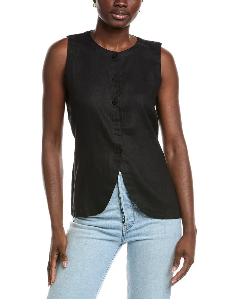 Eileen Fisher Petite Round Neck Linen Long Vest Black